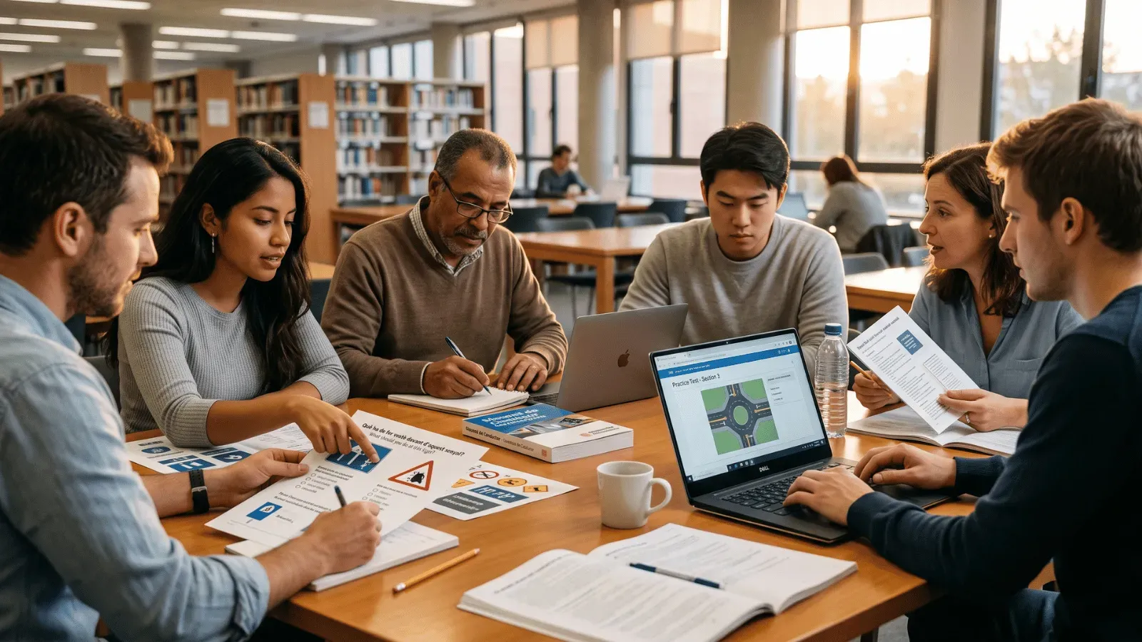 Group studying DMV permit test at a library with handbooks and laptops.