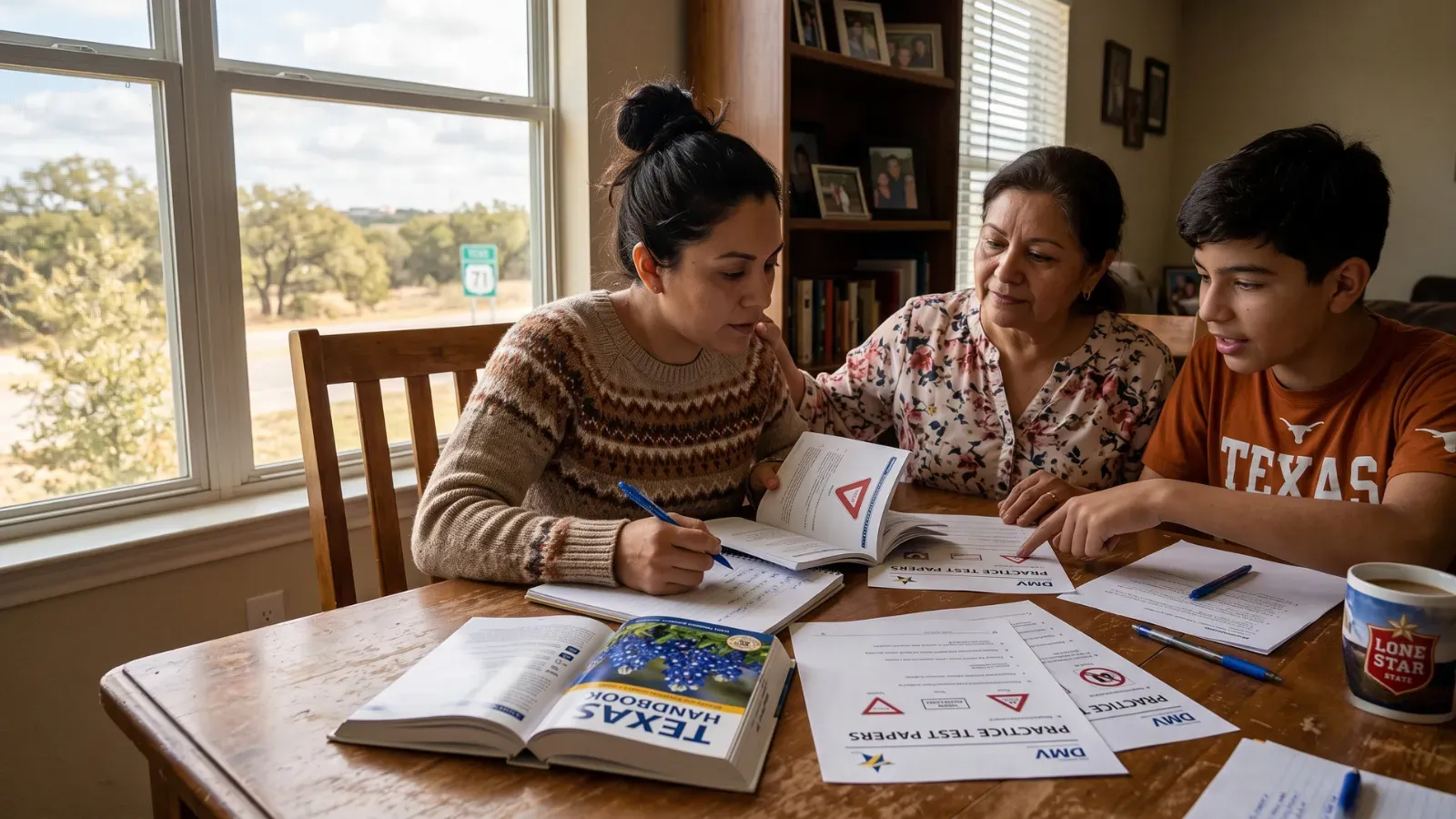 Adultos estudiando para el examen DMV en español
