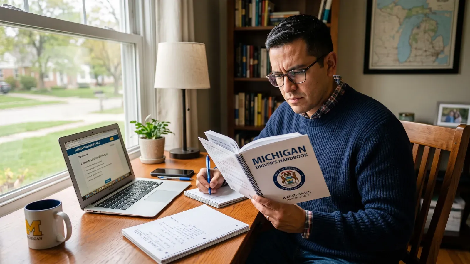 Adult studying Michigan DMV handbook with practice test questions.