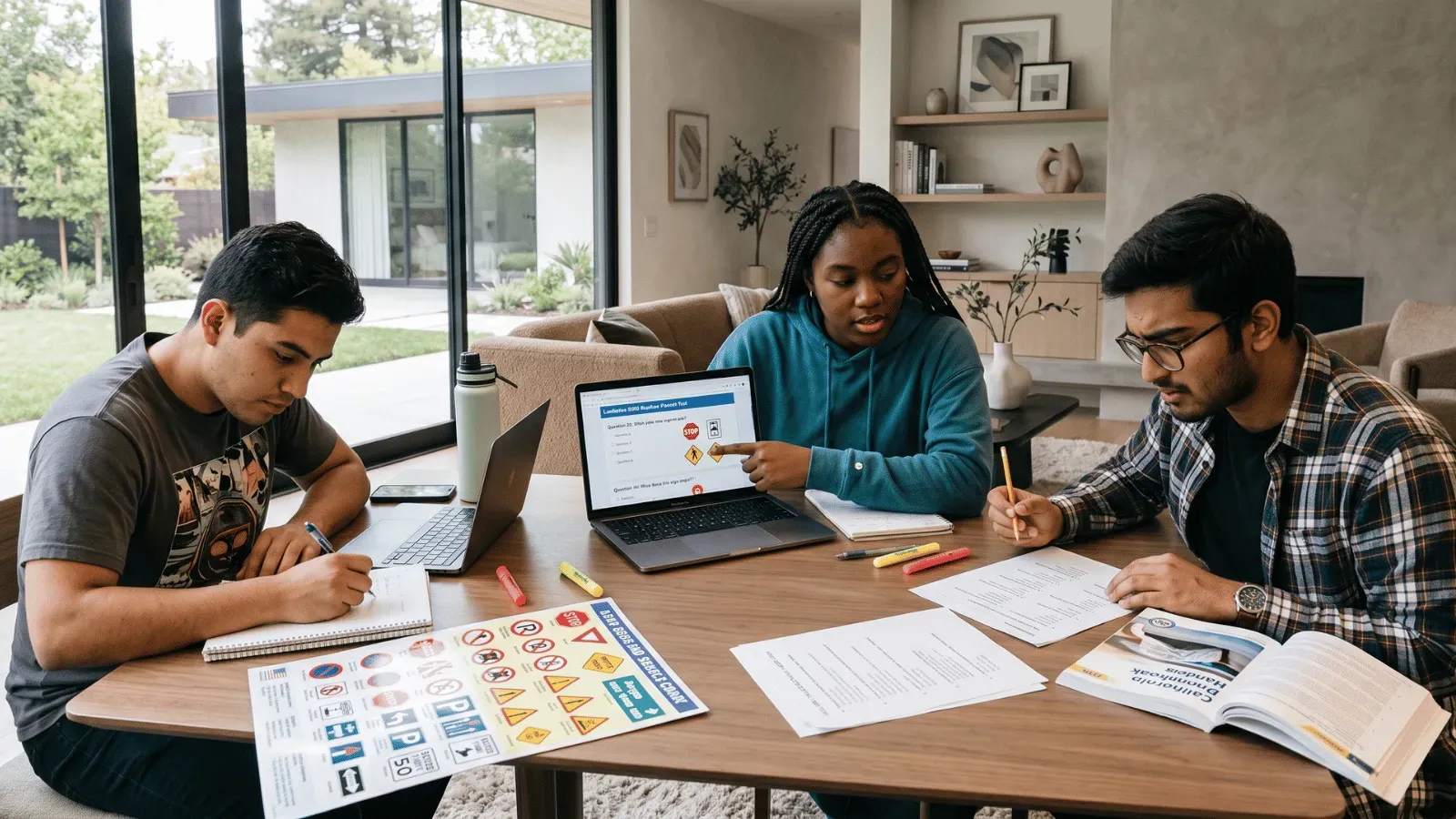 Young adults reviewing DMV practice questions at a library.
