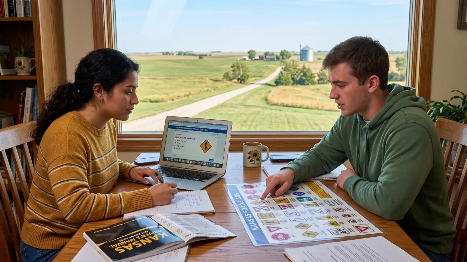 People studying a Kansas driver's license test with road signs and a laptop at a table.