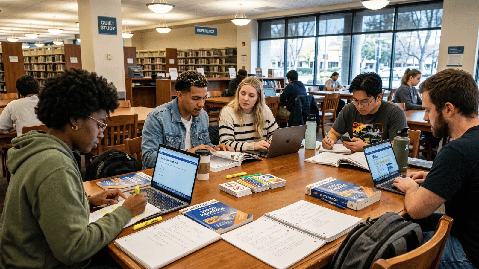 Young adults studying California DMV permit test materials in a library.