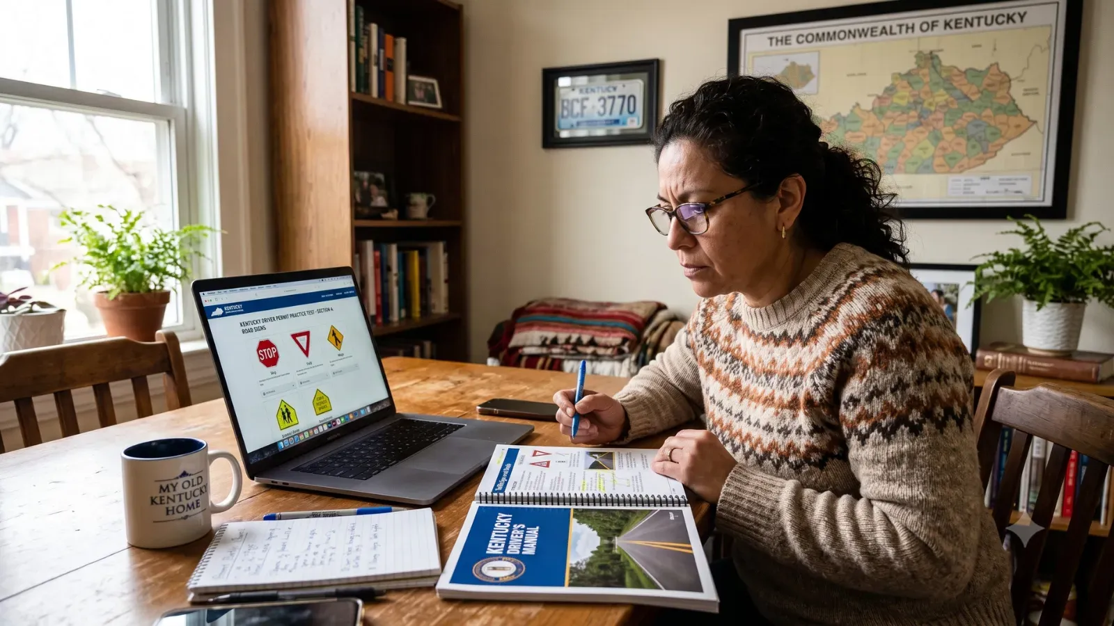 Adult learner studying Kentucky DMV road signs and rules at home.