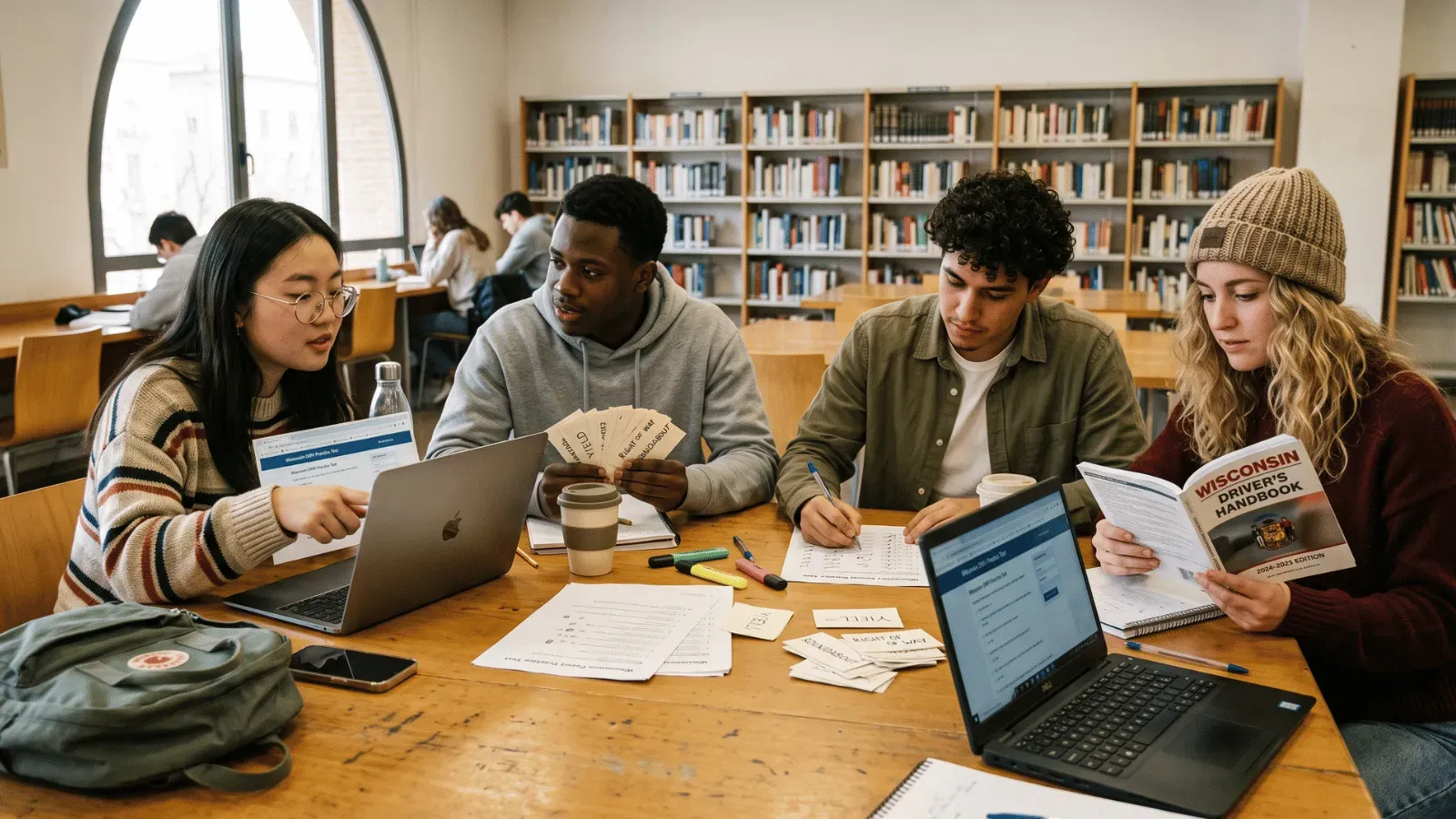 Adults studying for Wisconsin permit test at a library table.