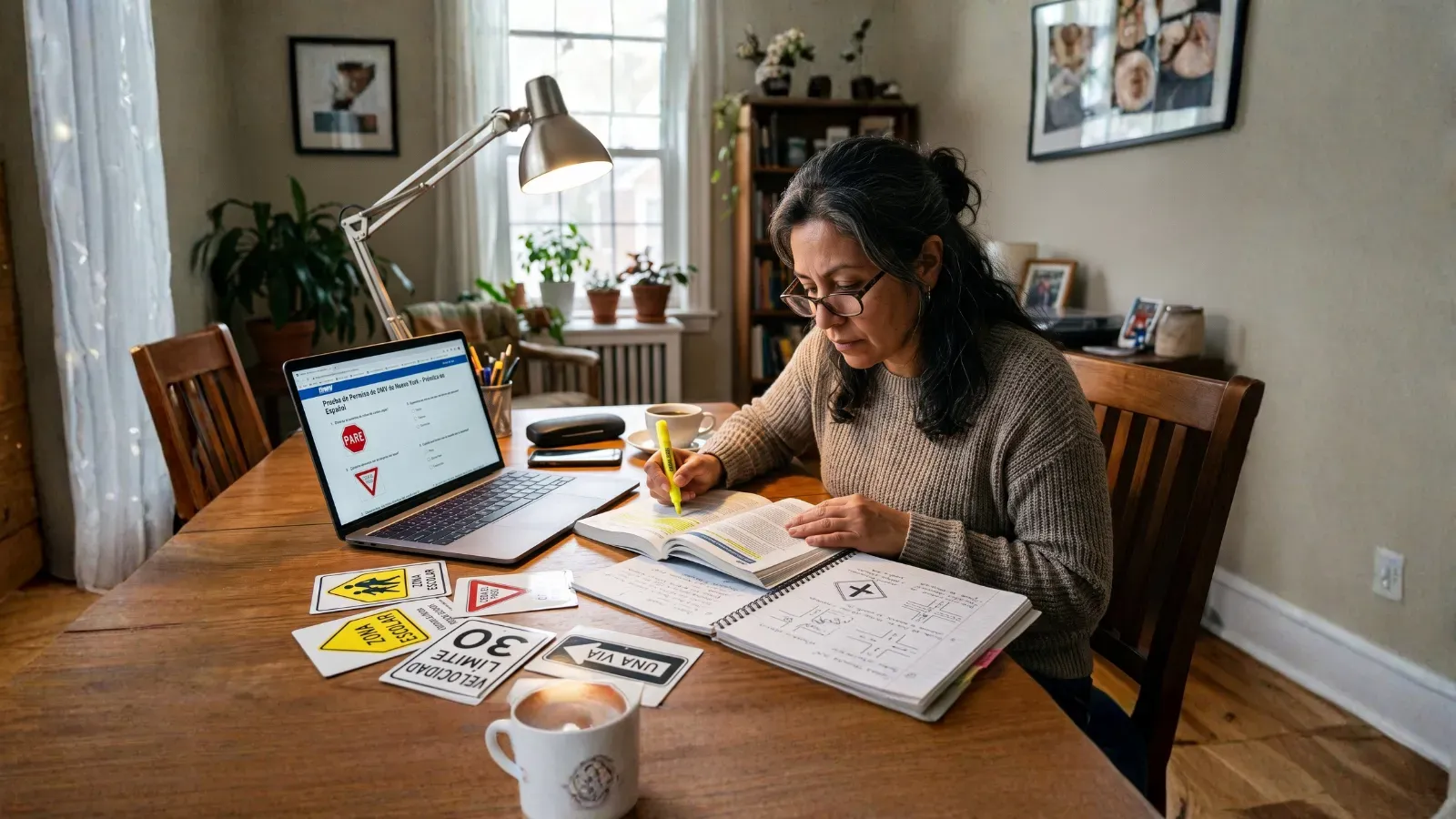 Adult studying road signs for New York DMV test in Spanish.