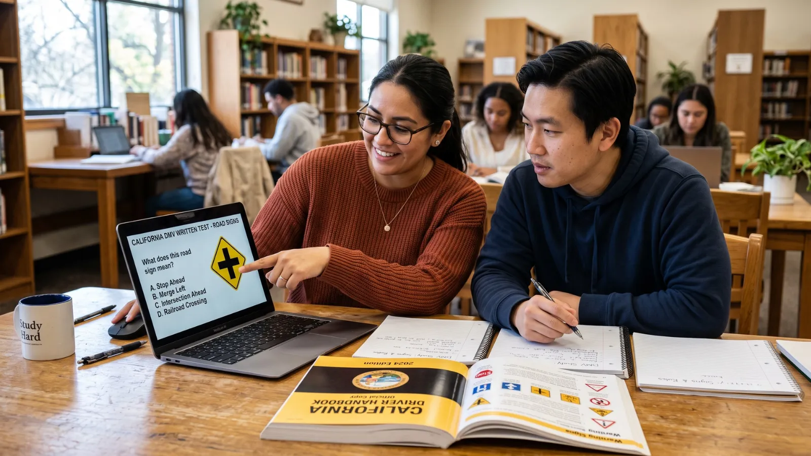 Two adults reviewing DMV written test questions at a table, representing immigrants in the U.S.
