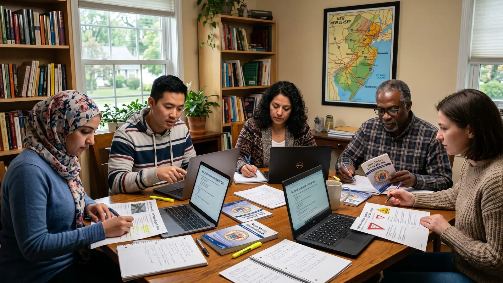 Immigrants studying for the New Jersey DMV permit test with laptops and study materials.