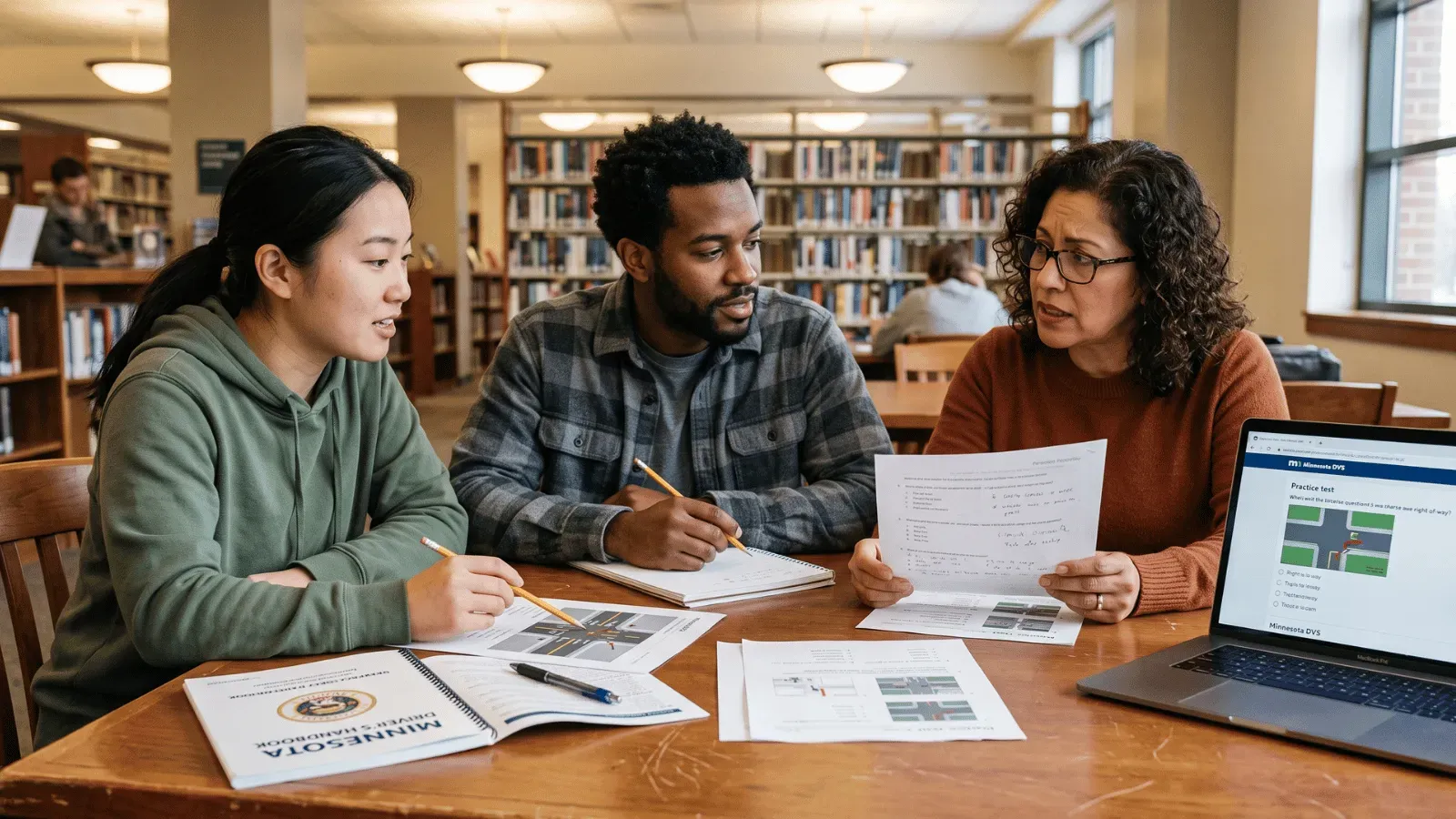 People studying Minnesota road signs and right-of-way rules in a library.
