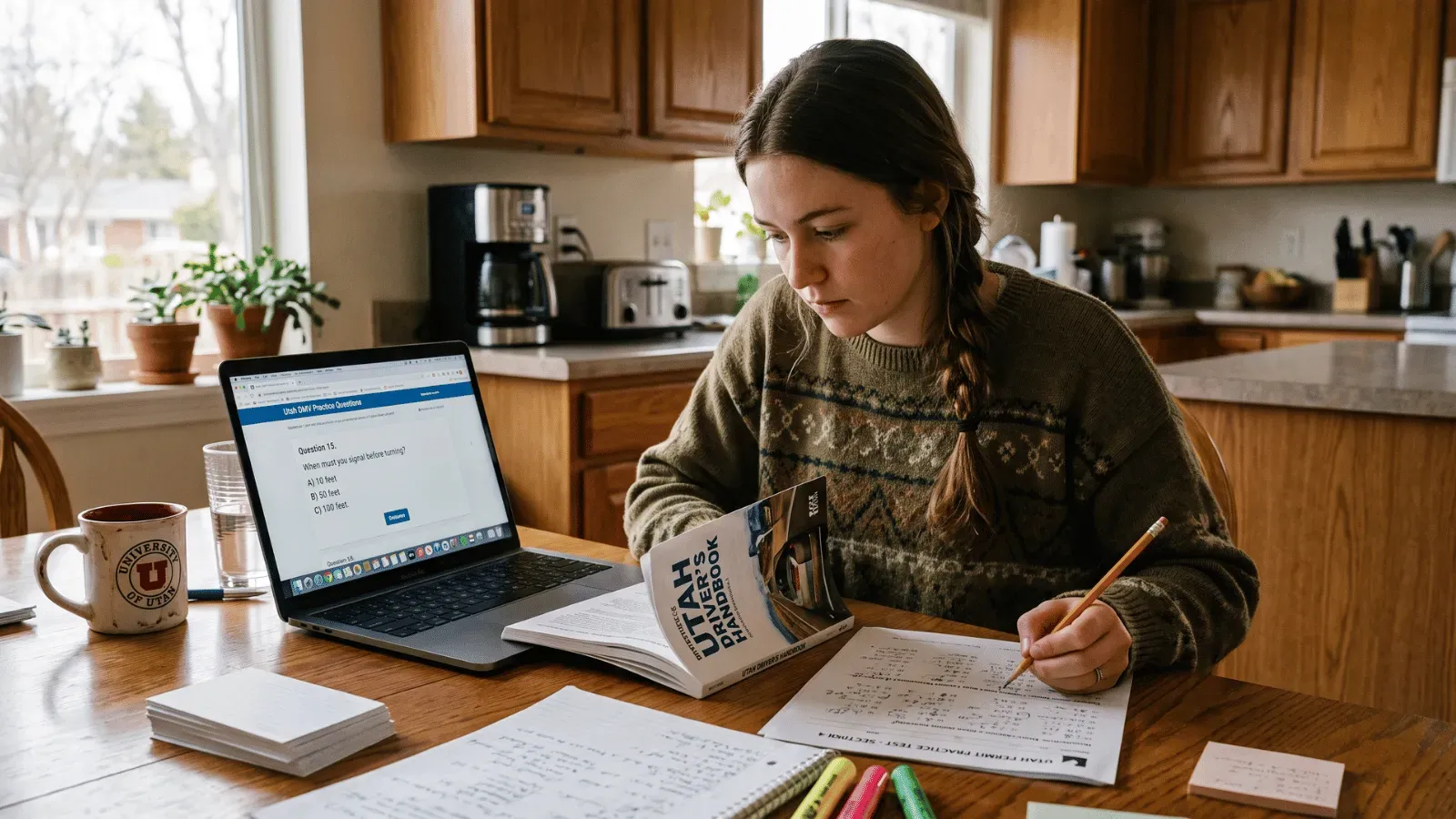 Young adult studying Utah permit test materials at home.