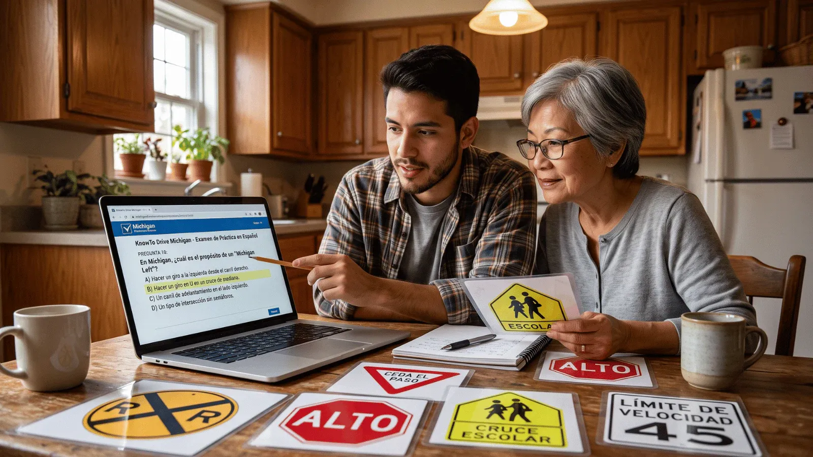 Adults studying Michigan DMV test materials at a kitchen table.