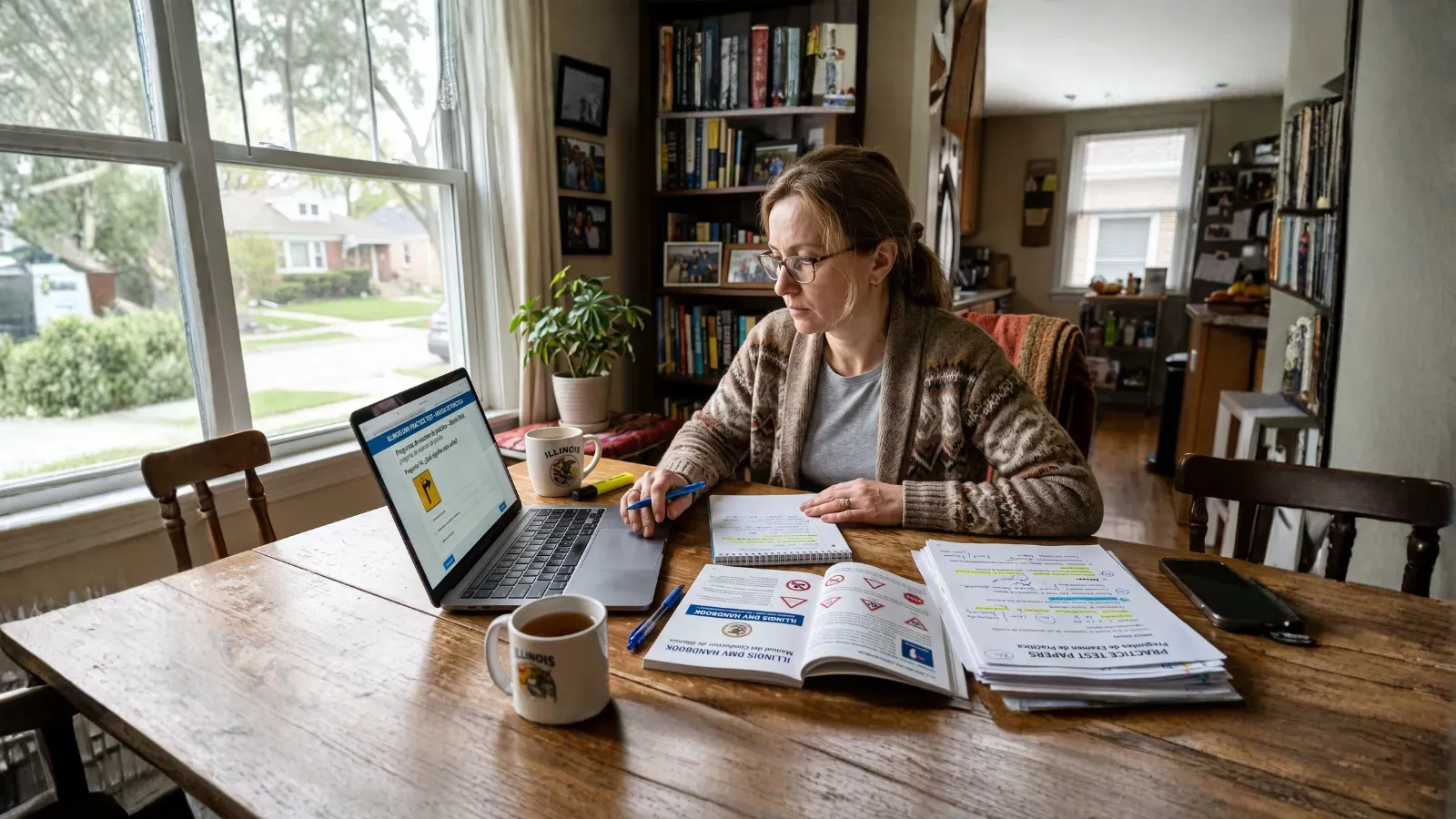 Adult studying for Illinois DMV test with Spanish materials.