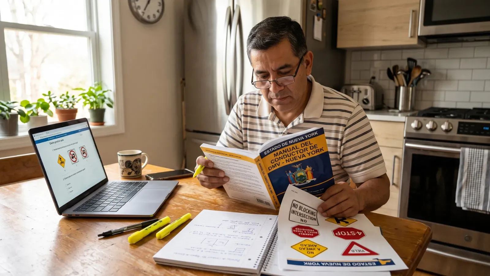 Hispanic man studying DMV handbook in Spanish at home for New York permit test.