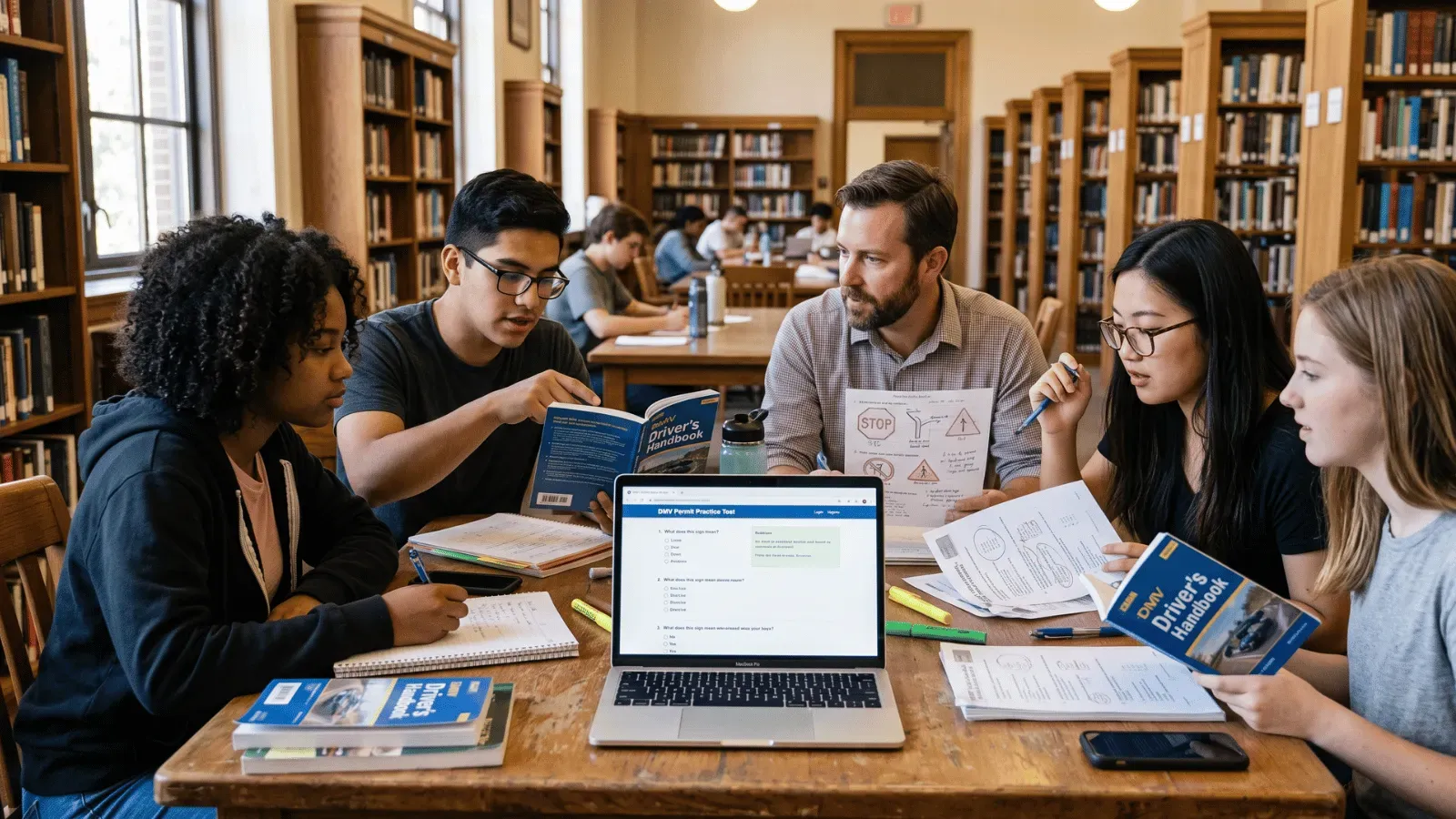 People studying DMV permit test resources in a library.