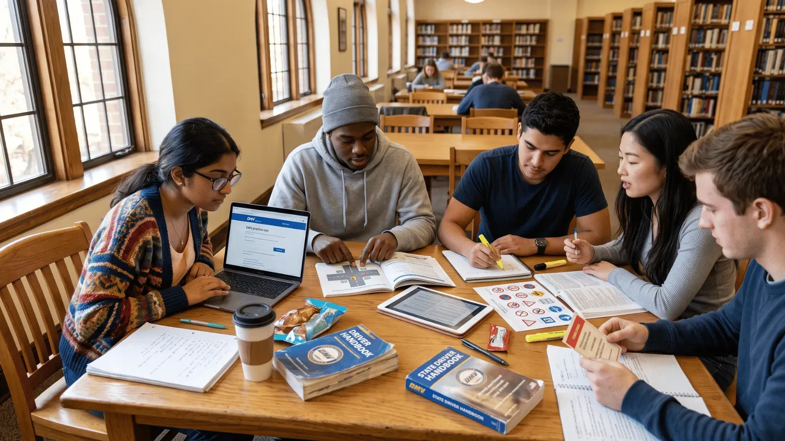 Group of diverse young adults studying for the DMV permit test in a library with handbooks and a laptop.