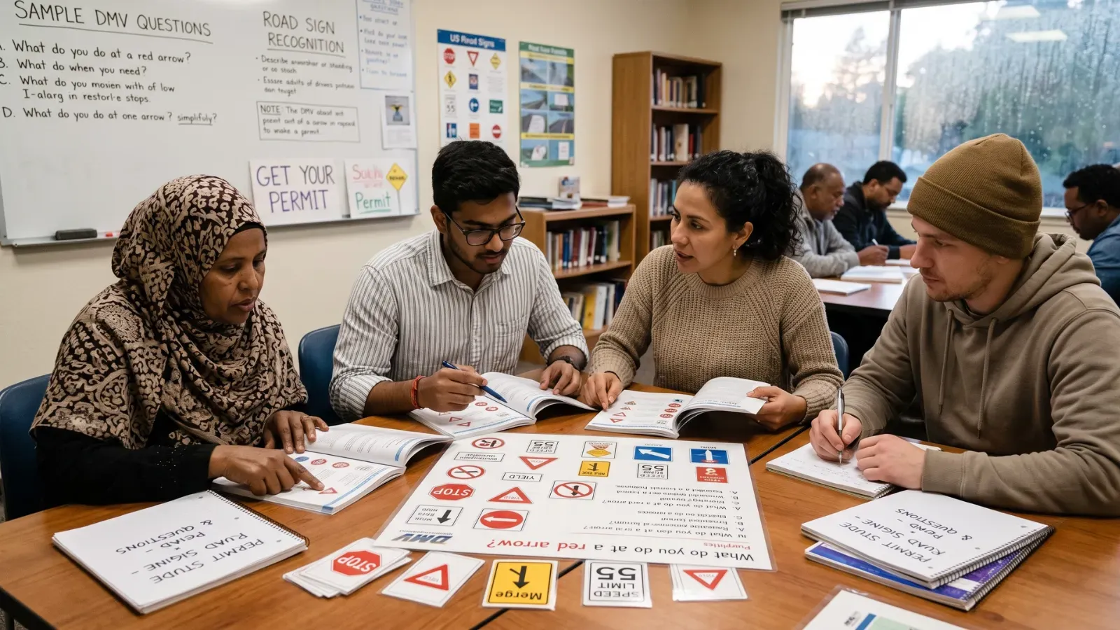 Immigrants studying road signs and DMV questions in a classroom setting.
