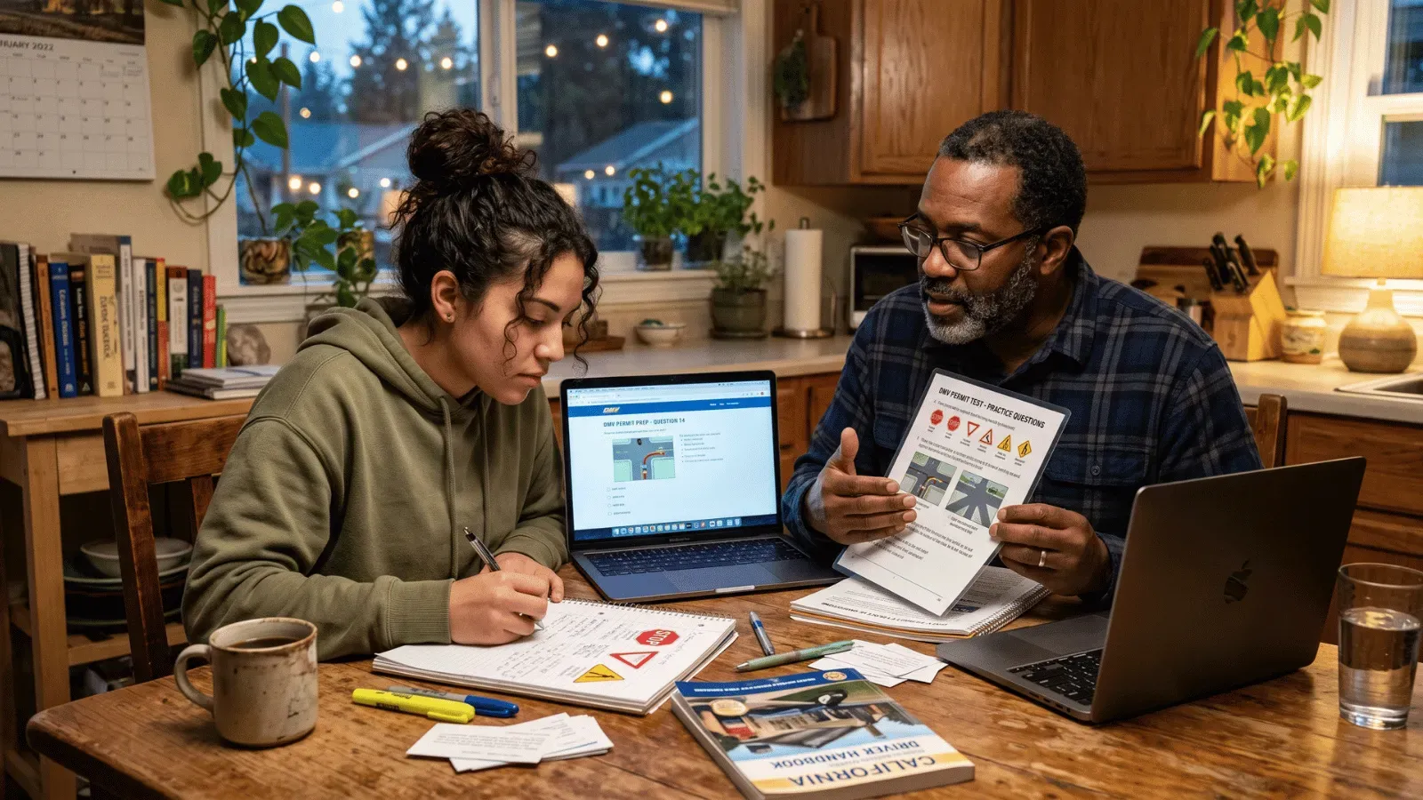 Two people studying for the DMV permit test at a kitchen table.