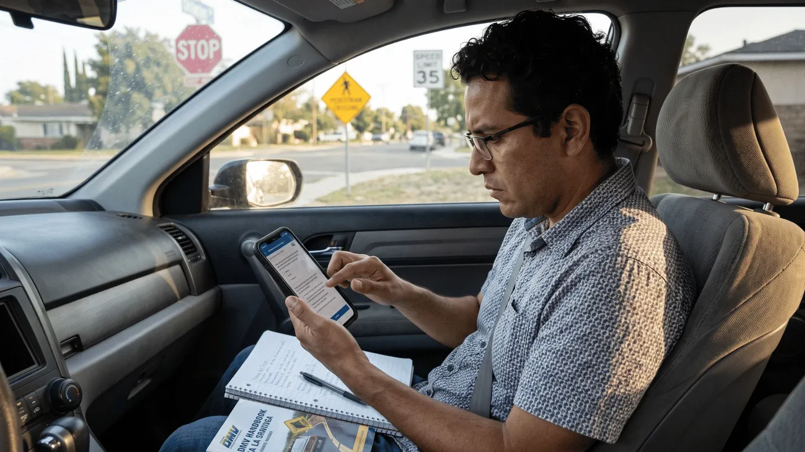 Adult studying DMV practice test in parked car with road signs.
