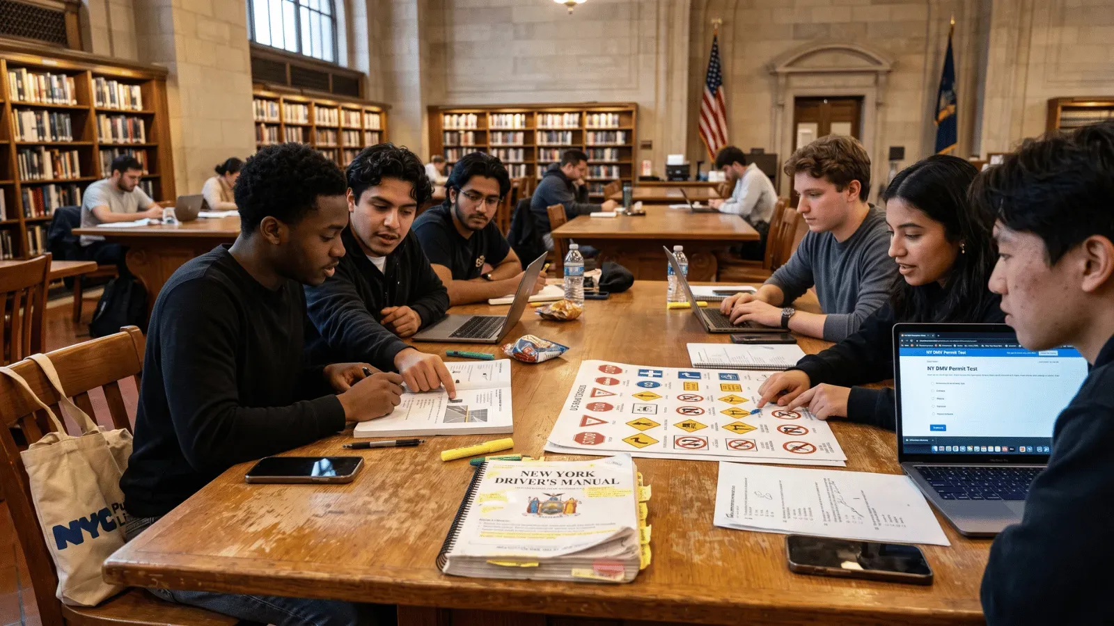 Diverse group studying road signs and permit test questions in a library.