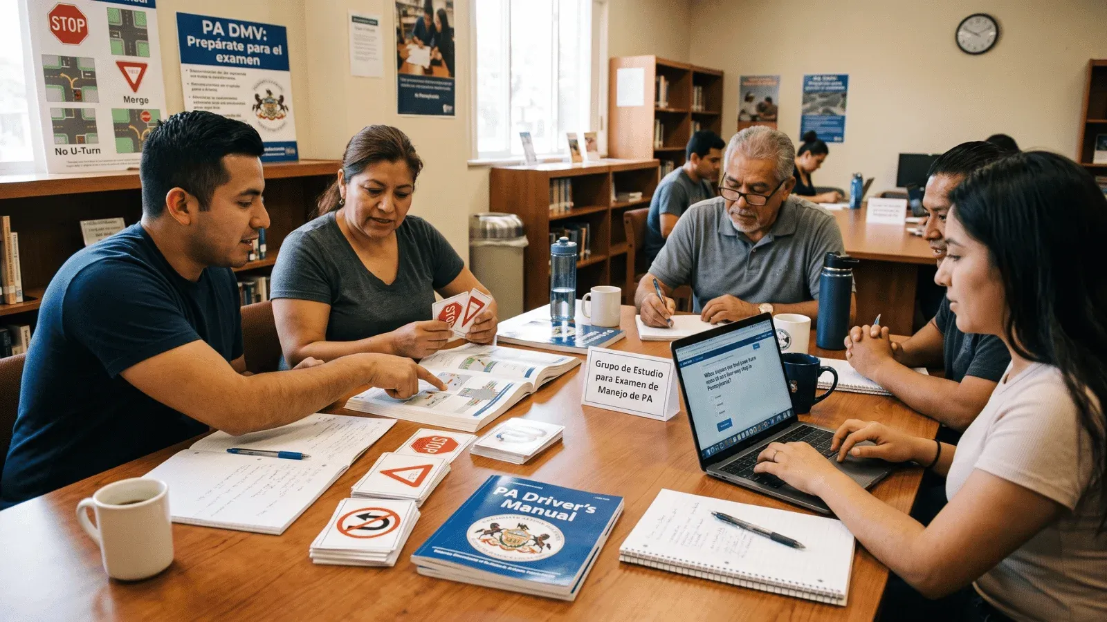 Learner studying Pennsylvania DMV road signs.