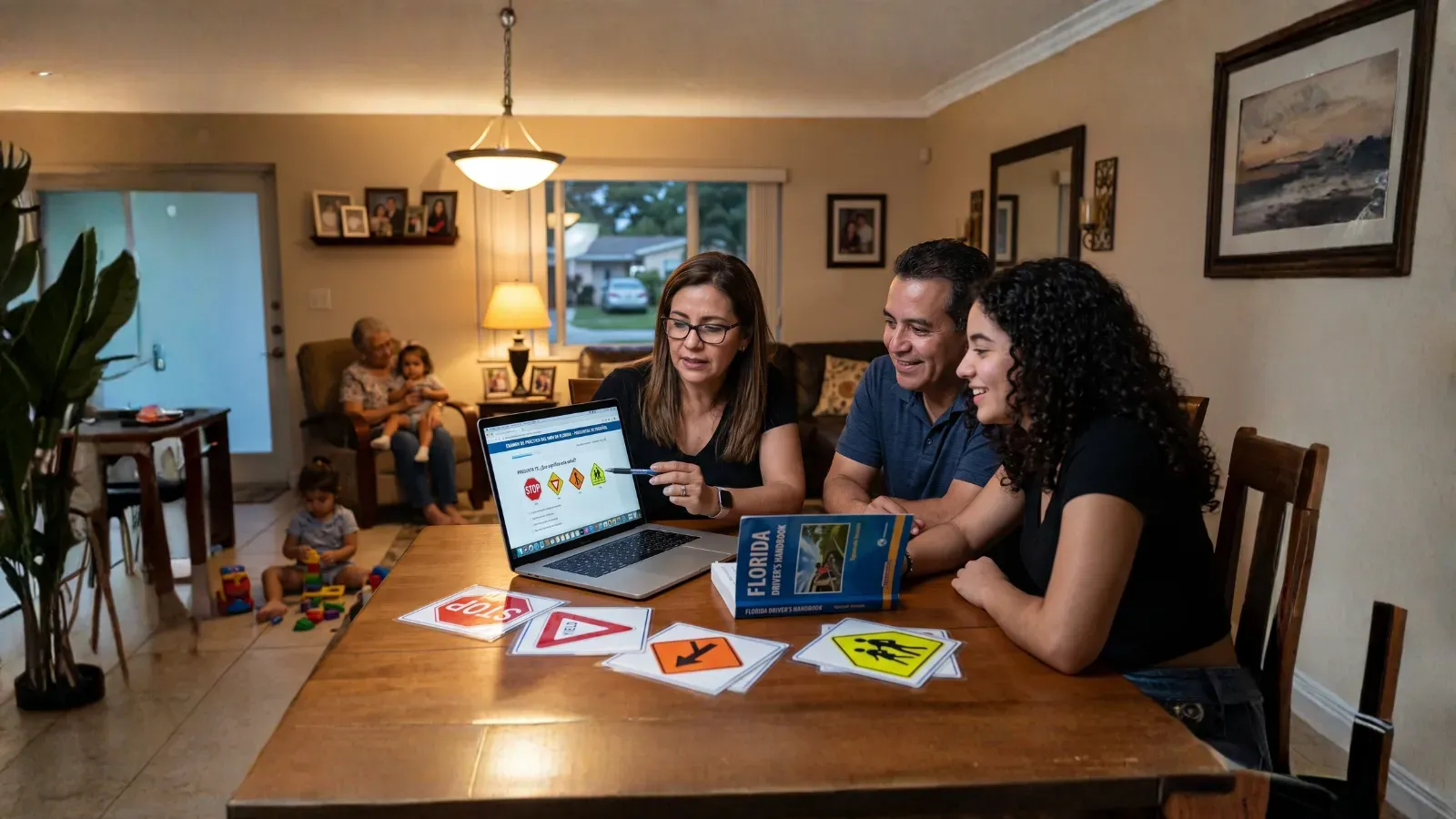 Spanish-speaking learner reviewing Florida DMV practice test questions in Spanish.