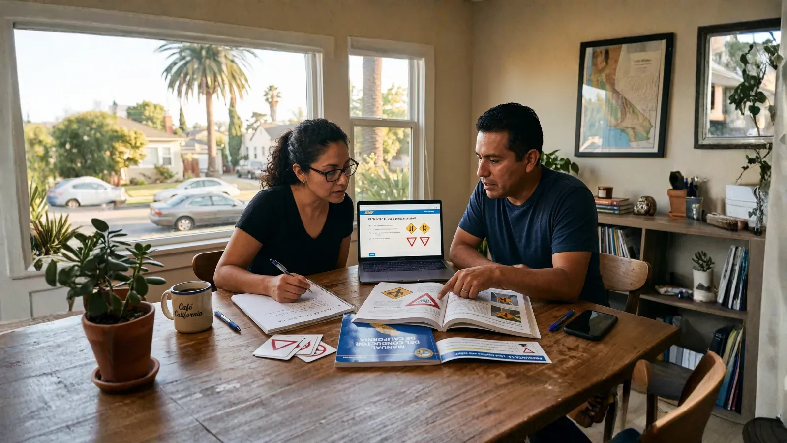 Spanish-speaking learner studying California DMV handbook with practice questions.