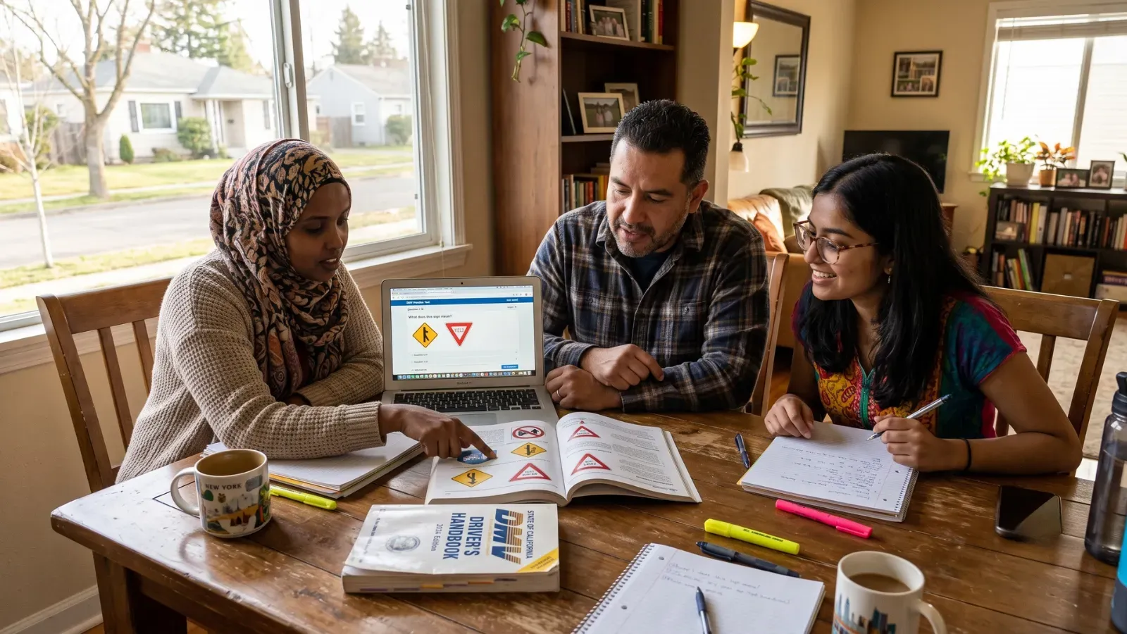 Adults studying for the DMV written test with a handbook and laptop.