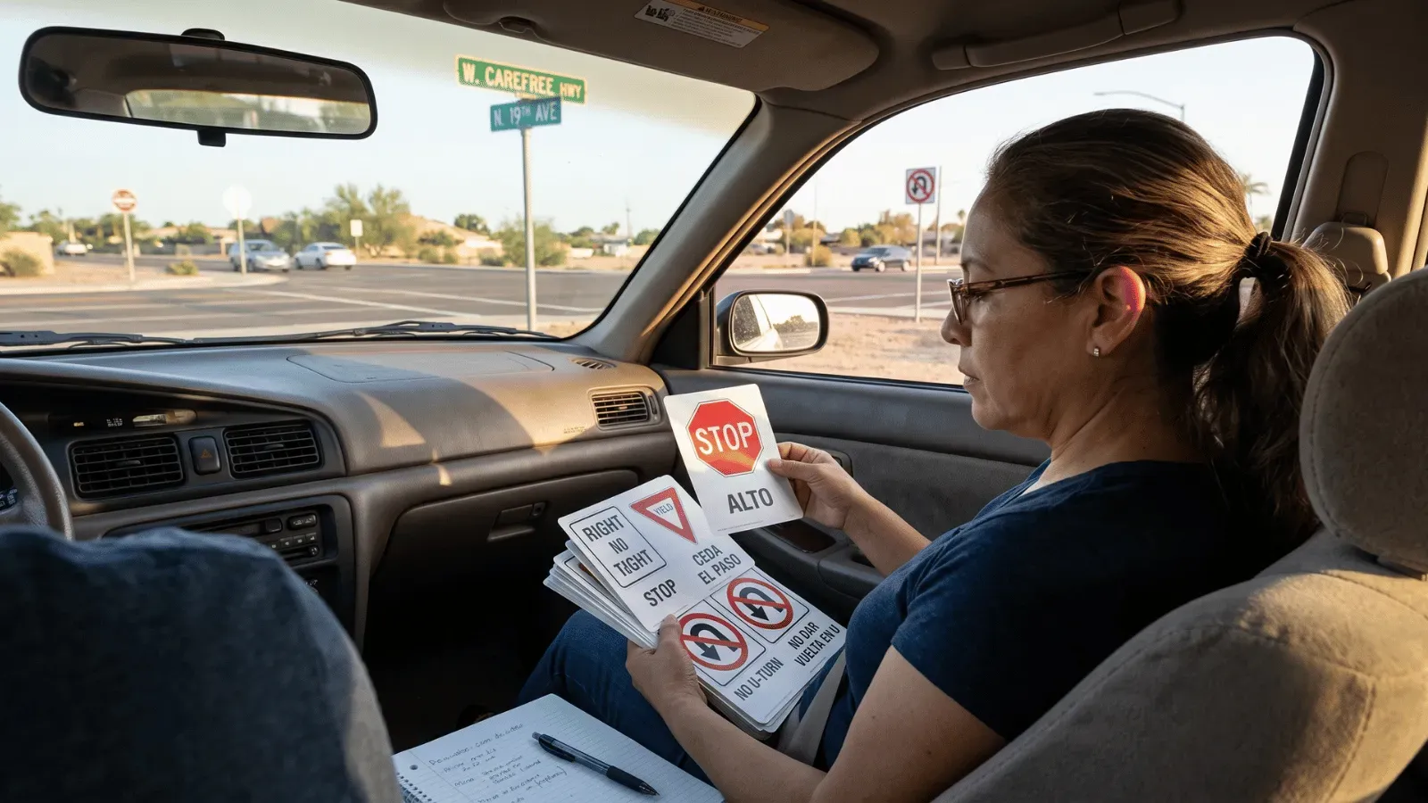 Hispanic learner studying bilingual DMV flashcards near Arizona street signs.