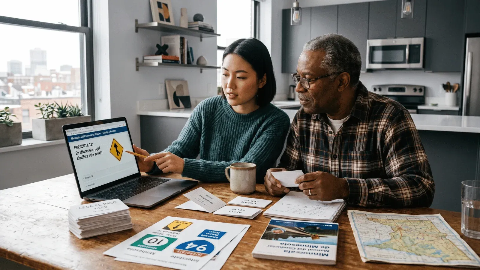 Two adults studying DMV practice questions at a kitchen table surrounded by road sign materials.
