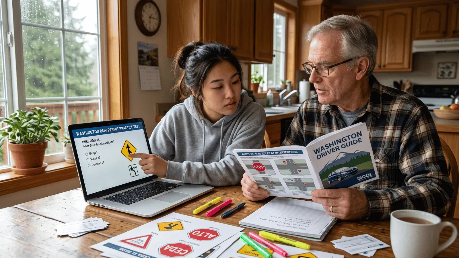 Two people studying road signs for Washington permit test at home.
