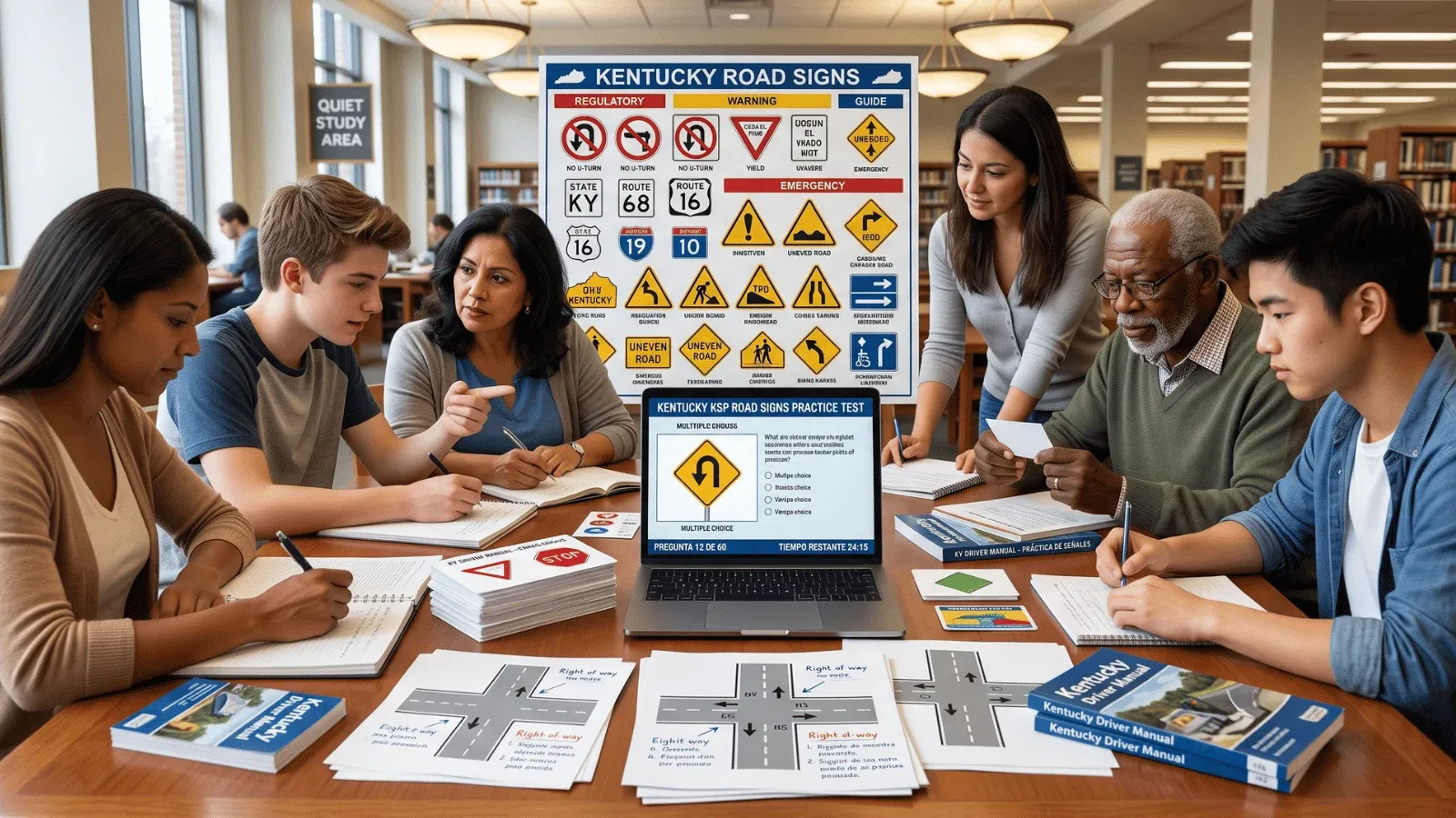 People studying Kentucky DMV practice questions in a library.
