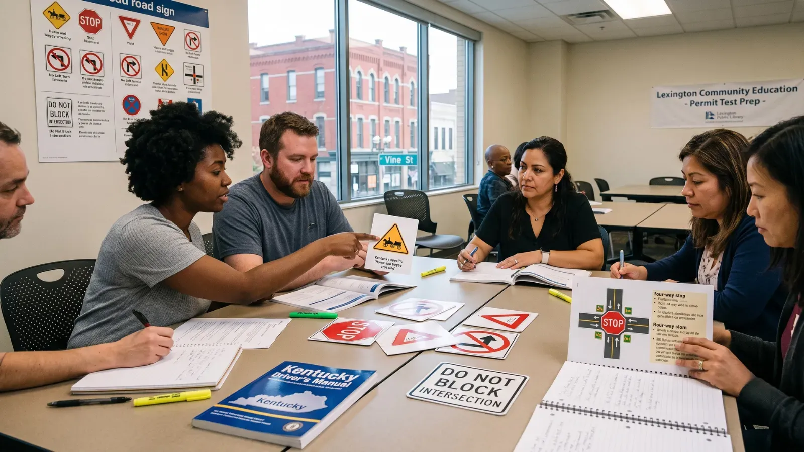 Adults studying for the Kentucky permit test in Lexington.