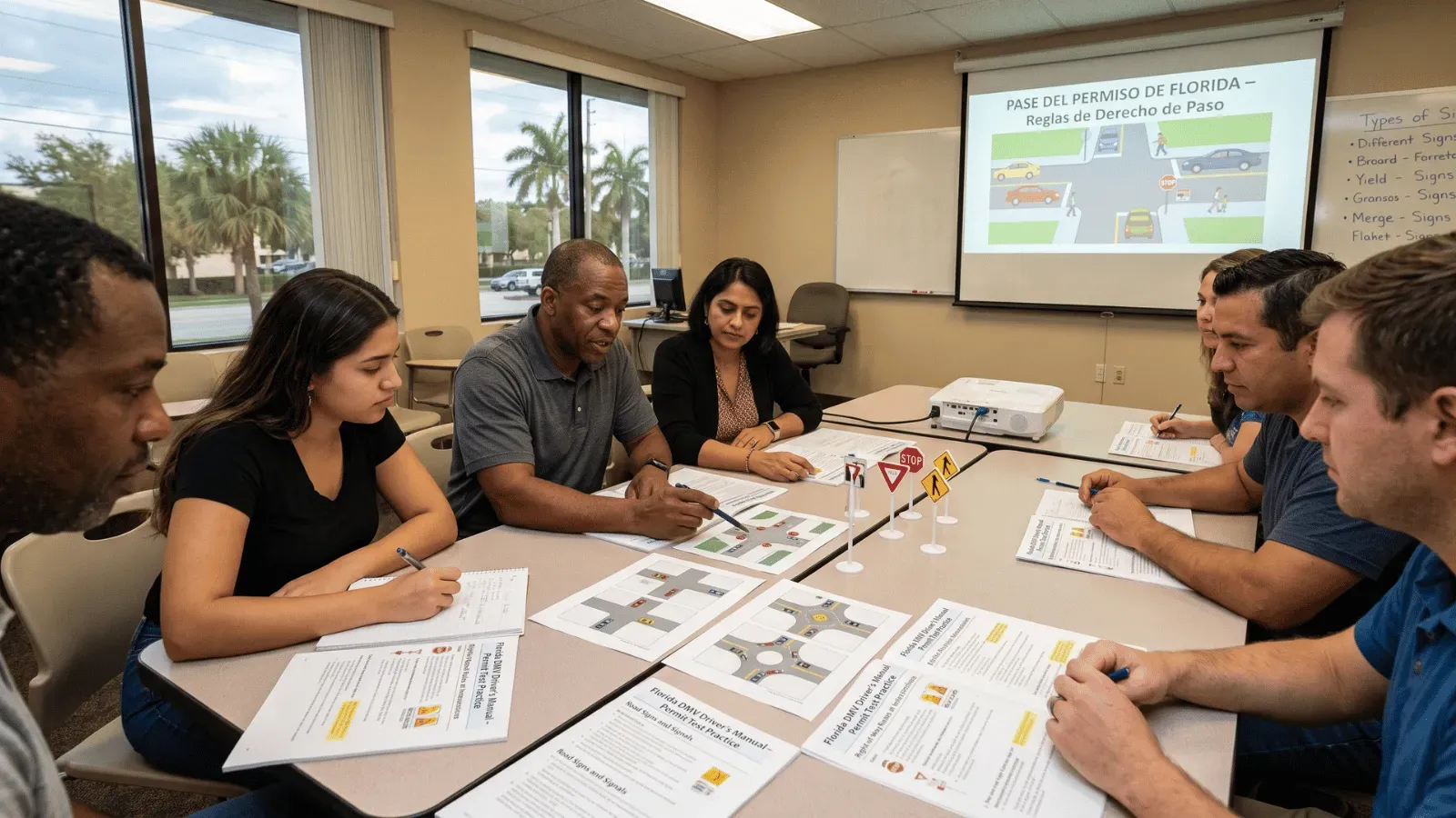 Adult learners studying Florida DMV permit test materials.
