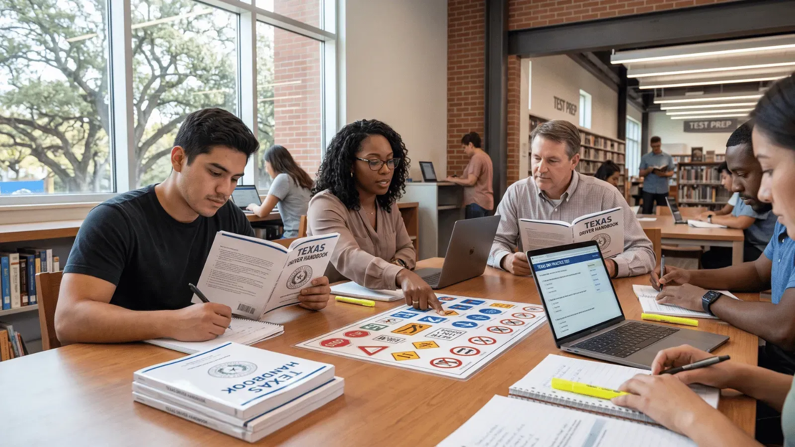 A diverse group studying Texas road signs at a library for the DMV test.