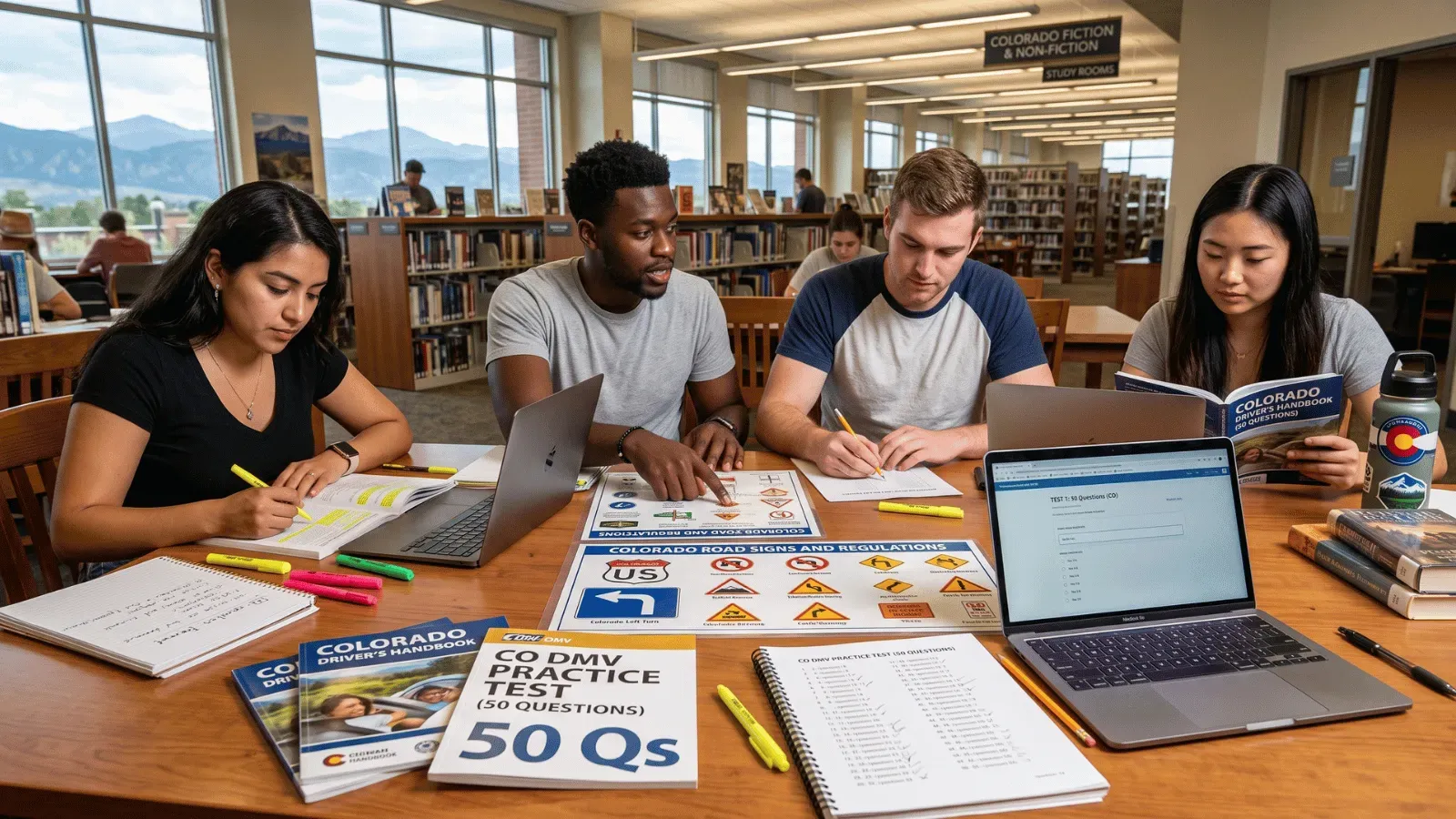 Young adults studying Colorado DMV materials at a library, focusing on the 50-question permit test.