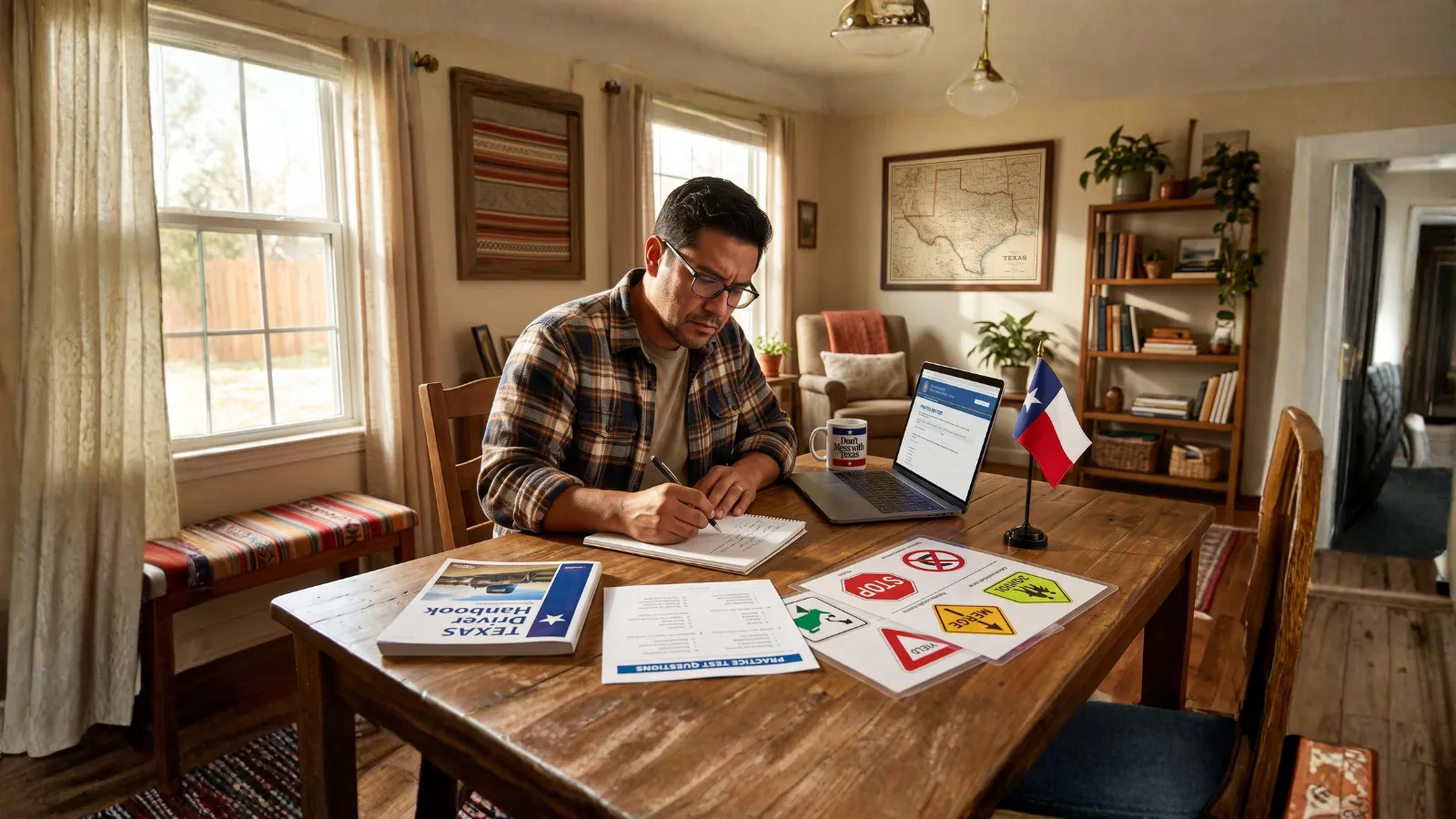 Adult studying DMV handbook and practice test questions for Texas exam.