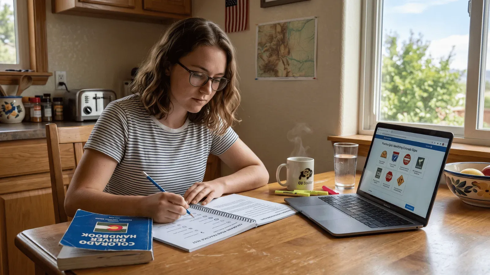Young adult studying Colorado road signs at a kitchen table.