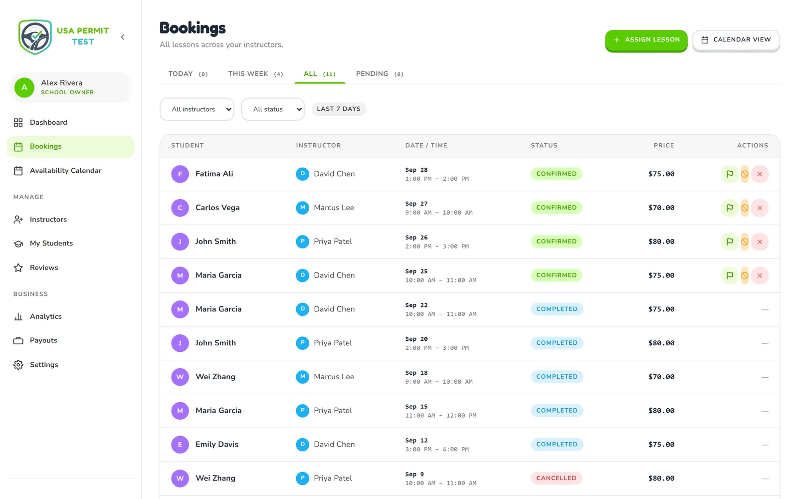 Bookings list with statuses and filters