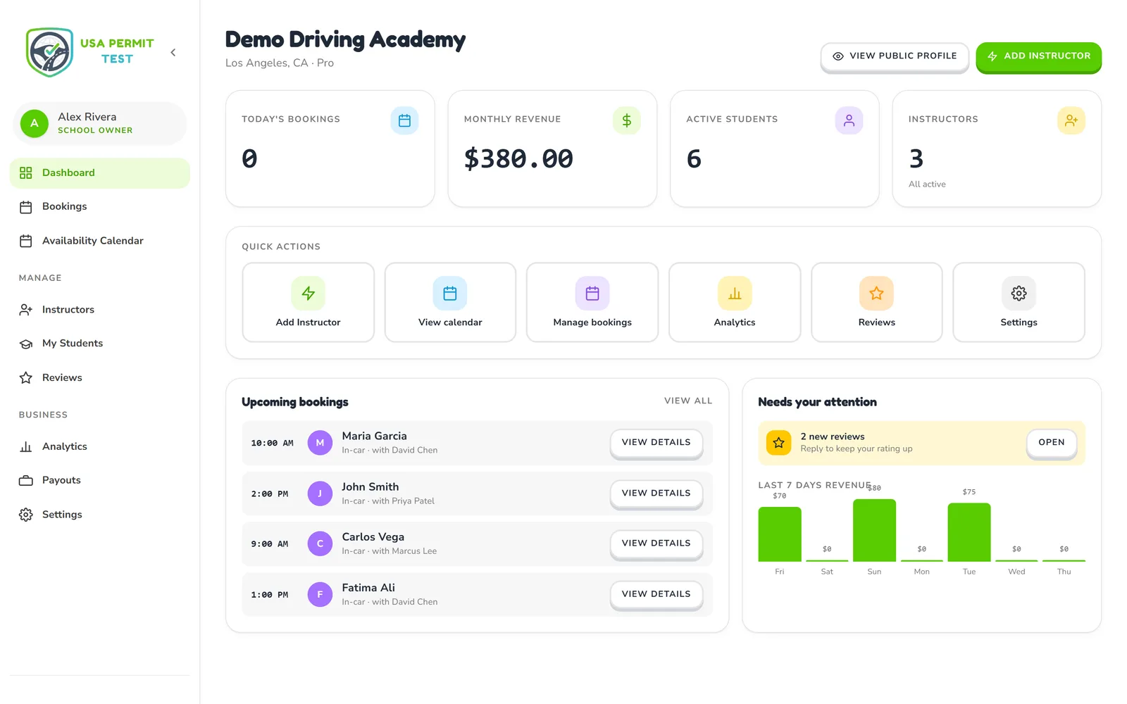 Owner dashboard with bookings, revenue, students and instructors
