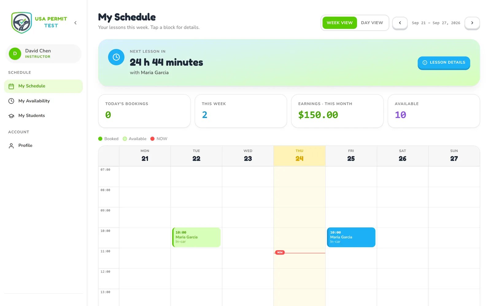 Instructor weekly schedule with next-lesson countdown