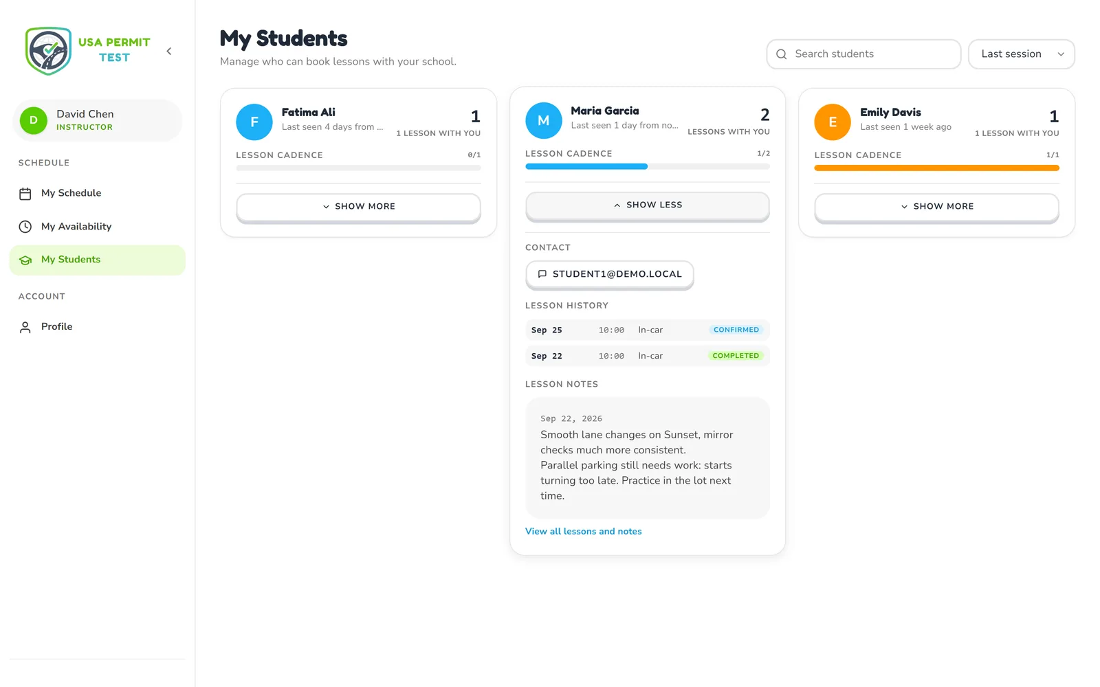 Student cards with lesson history and notes