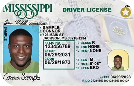 Exemplo de carteira de motorista de Mississipi