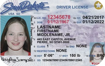 Sample South Dakota driver license